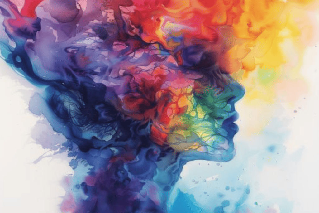 Abstract colorful watercolor representing a neurodiverse woman embracing mindfulness