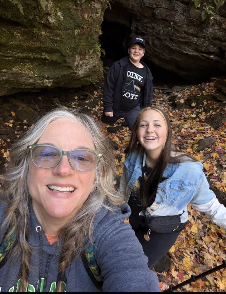 Linda Phillips and kids hiking