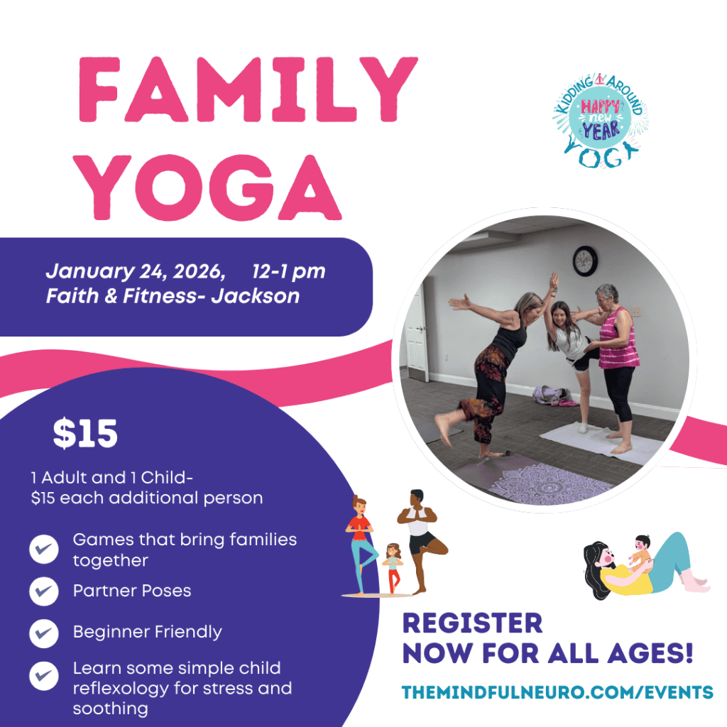 family yoga class ad with family doing partner yoga poses